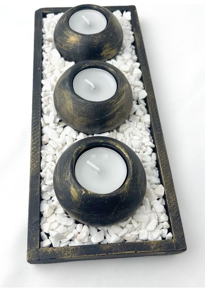 3'lü Yuvarlak Siyah Üstü Sarı Yaldızlı Tealight Mumluk Seti • Dikdörtgen Sunum Tepsili / 0016YMS3SY