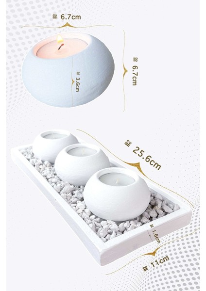 3'lü Yuvarlak Siyah Üstü Sarı Yaldızlı Tealight Mumluk Seti • Dikdörtgen Sunum Tepsili / 0016YMS3SY