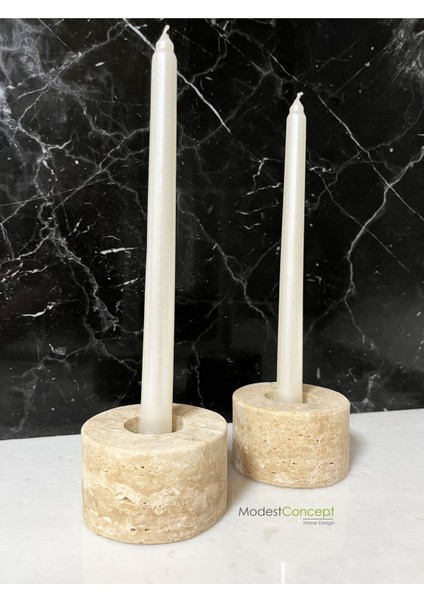 Doğal Traverten Mumluk, Mermer Mumluk, Mermer Tealight, Mumluk 2 Adet, Yuvarlak Mermer Şamdan