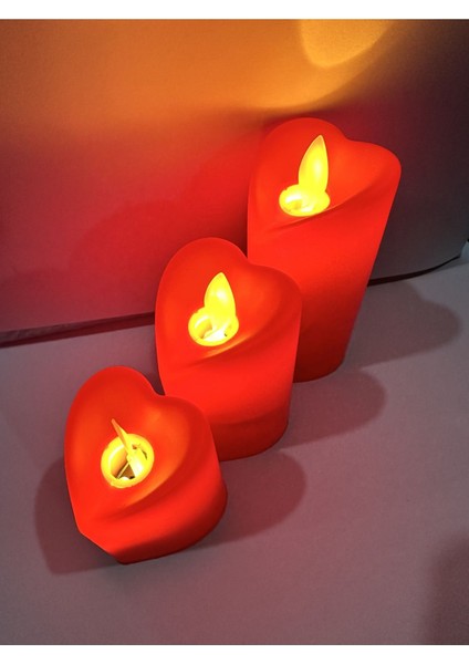 Mum Kalp Şekilli Pilli Ledli Gerçek Alev Ambianslı Aşkın Rengi Kırmızı 3lü Set
