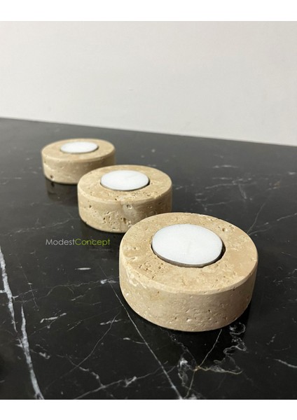 Doğal Traverten Mumluk, Mermer Mumluk, Mermer Tealight Mumluk 3 Adet, Yuvarlak Mermer Mumluk