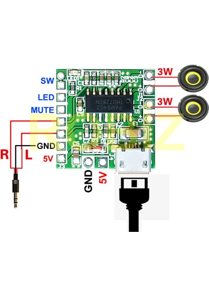 PAM8403 Mini Ses Yükseltici Class D 2X3W Amfi Kartı Micro USB Beslemeli Stereo