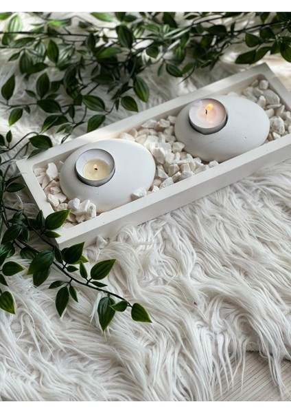 Tabaklı Beton Mumluk ve 2'li Taş Figürlü Tealight Mumluk Seti Hediyelik Dekorasyon Seti