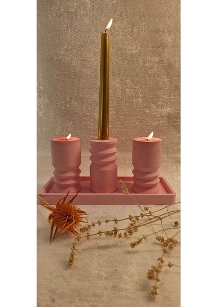 Laurel-Wood Beton 4 Parça Tealight Mumluk-Şamdan-Dekoratif Sunum Tabağı Seti(Pembe)
