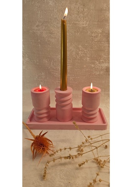 Laurel-Wood Beton 4 Parça Tealight Mumluk-Şamdan-Dekoratif Sunum Tabağı Seti(Pembe) fiyatları