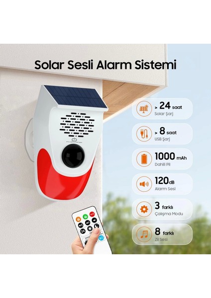 Kumandalı Solar Sesli Işıklı 120DB Alarm Sistemi