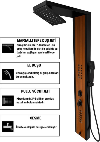 Massage Shower Panel Çift Renk Victoria Siyah- Teak Ağacı Desenli Premium Lena modelleri