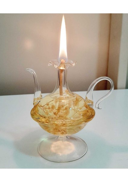 Cam Üfleme Kandil Alaaddin Model Beyaz Çiçekli