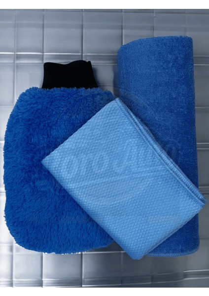 Alpler Mavi Mikrofiber Oto Temizlik Seti Araç Kurulama Havlusu Cam Bezi Yıkama Eldiveni