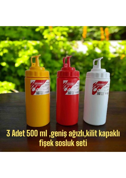 3 Adet 500 ml , Geniş Ağızlı,kilit Kapaklı, Fişek Sosluk Seti