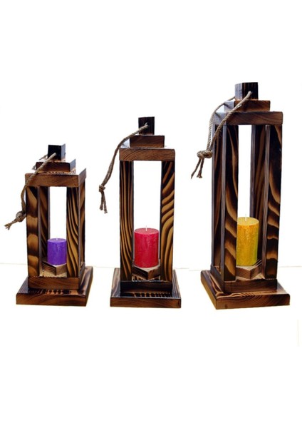 Ahşap Mumluk Fener Şamdan Dekoratif Kafes Üçlü Takım