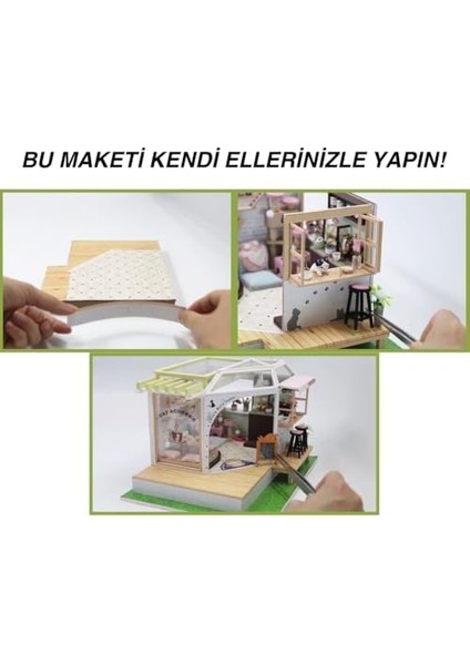 Temalı Minyatür Kafe Yapma Seti - LED Işıklı Ahşap Dıy Maket - Dekoratif Maket Kiti - Kendin Yap Hediye Seti