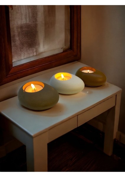 Three Drops Minimal Dekoratif Beton Tealight Mumluk 3'lü Set [ Vizon-Beyaz-Karamel ]