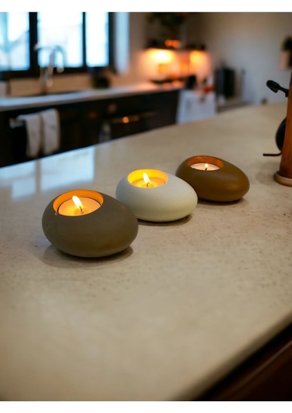 Three Drops Minimal Dekoratif Beton Tealight Mumluk 3'lü Set [ Vizon-Beyaz-Karamel ] modelleri