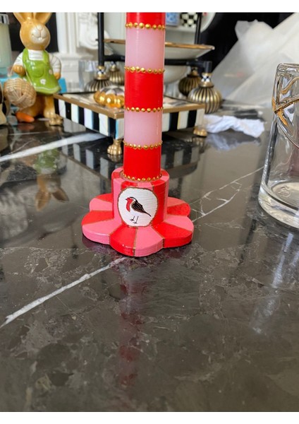 El Boyama Pip Love Birds Kuş Desenli Mumluk Şamdan 1 Adet (Kırmızı)
