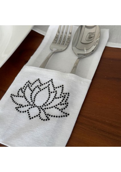 Lotus Çiçeği Işlemeli Kaşıklık Servis Sunum 6 Kişilik Tasarım Çatal Bıçak Kılıfı