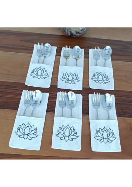 Lotus Çiçeği Işlemeli Kaşıklık Servis Sunum 6 Kişilik Tasarım Çatal Bıçak Kılıfı