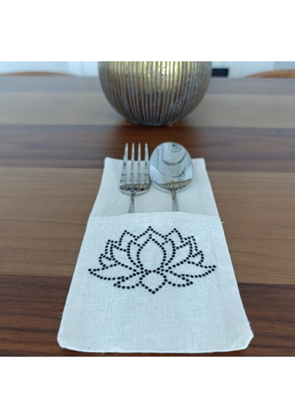 Lotus Çiçeği Işlemeli Kaşıklık Servis Sunum 6 Kişilik Tasarım Çatal Bıçak Kılıfı