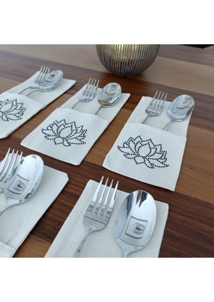 Lotus Çiçeği Işlemeli Kaşıklık Servis Sunum 6 Kişilik Tasarım Çatal Bıçak Kılıfı