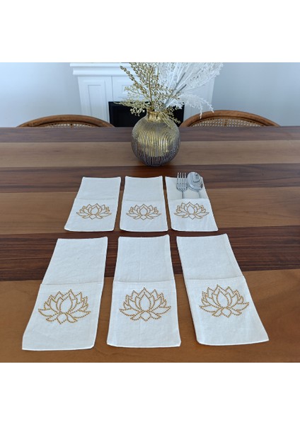 Lotus Çiçeği Işlemeli Kaşıklık Servis Sunum 6 Kişilik Tasarım Çatal Bıçak Kılıfı