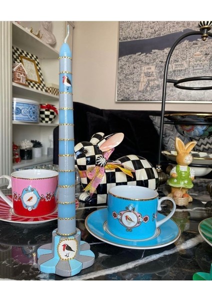 1 Adet Şamdan 1 Adet Mum Ikili Pip Love Birds Kuşlu (Mavi)