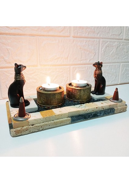 Bastet Kedi Tanrıçası, Antik Mısır Hiyeroglif Mumluk Seti. Taş Standlı.