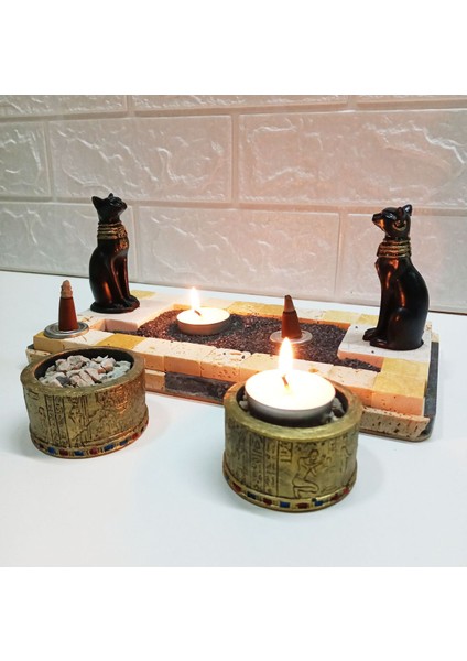 Bastet Kedi Tanrıçası, Antik Mısır Hiyeroglif Mumluk Seti. Taş Standlı.