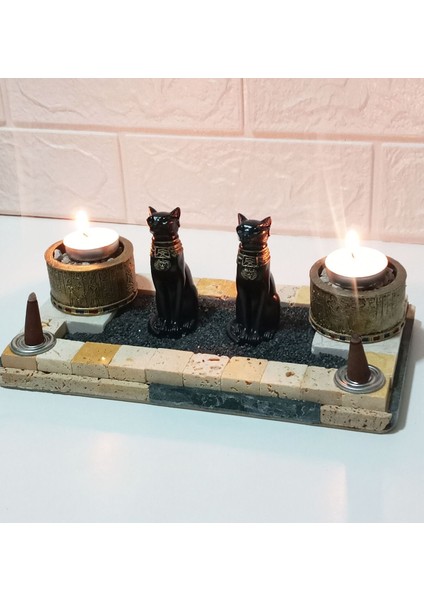 Bastet Kedi Tanrıçası, Antik Mısır Hiyeroglif Mumluk Seti. Taş Standlı.