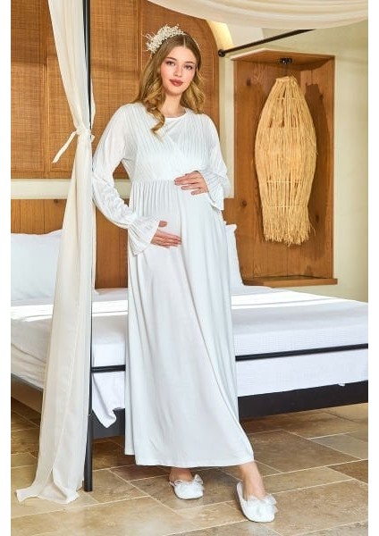 25644 Kadın Krem Uzun Kol Tesettür Lohusa Gecelik