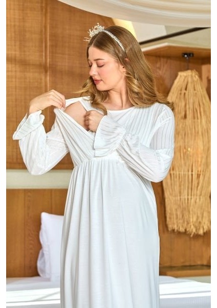 25644 Kadın Krem Uzun Kol Tesettür Lohusa Gecelik fiyatları