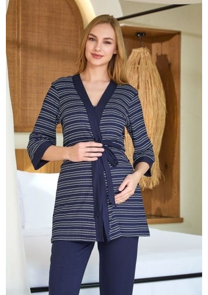 25635 Kadın Lacivert Çizgili Sabahlıklı 4'lü Lohusa Pijama Takımı