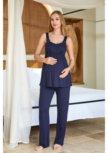 25635 Kadın Lacivert Çizgili Sabahlıklı 4'lü Lohusa Pijama Takımı