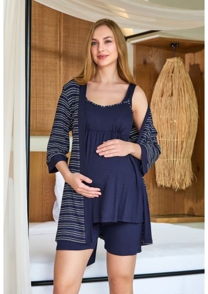 25635 Kadın Lacivert Çizgili Sabahlıklı 4'lü Lohusa Pijama Takımı