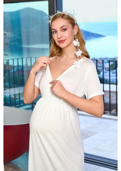 25643 Kadın Krem Kısa Kol Kruvaze Yaka Lohusa Gecelik