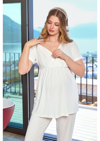 25642 Kadın Krem Kısa Kol Kruvaze Yaka Lohusa Pijama Takımı fiyatları