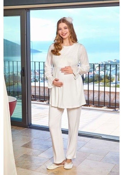 25645 Kadın Krem Uzun Kol Tesettür Lohusa Pijama Takımı