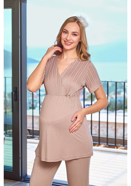 25642 Kadın Vizon Kısa Kol Kruvaze Yaka Lohusa Pijama Takımı