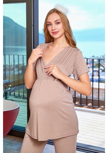 25642 Kadın Vizon Kısa Kol Kruvaze Yaka Lohusa Pijama Takımı