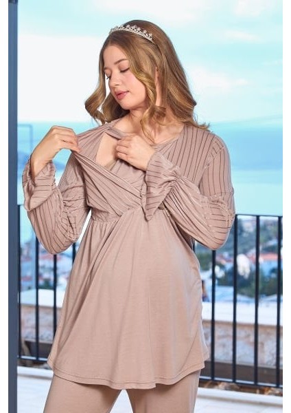 25645 Kadın Vizon Uzun Kol Tesettür Lohusa Pijama Takımı