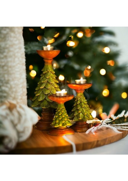 Yılbaşına Özel Dekoratif Seramik Konsept 3'lü Çam Ağacı Şamdan/tealight Mumluk