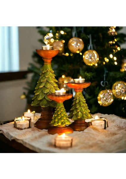 Yılbaşına Özel Dekoratif Seramik Konsept 3'lü Çam Ağacı Şamdan/tealight Mumluk