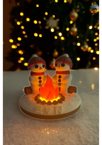 Kişiye Özel Sevimli Kardan Adam Çift Mumluğu, Sevgiliye Hediye, Tealight Ledli Yılbaşı Dekoru