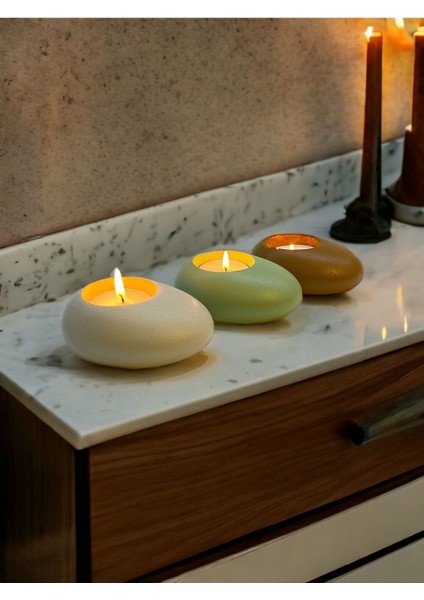 Three Drops Minimal Dekoratif Beton Tealight Mumluk 3'lü Set [ Alaçatı-Mint Yeşil-Karamel ]