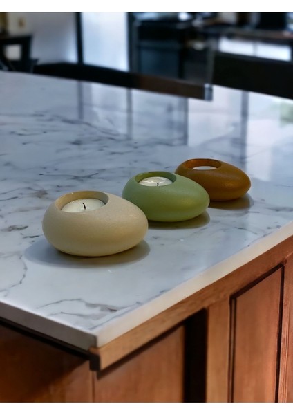 Three Drops Minimal Dekoratif Beton Tealight Mumluk 3'lü Set [ Alaçatı-Mint Yeşil-Karamel ]