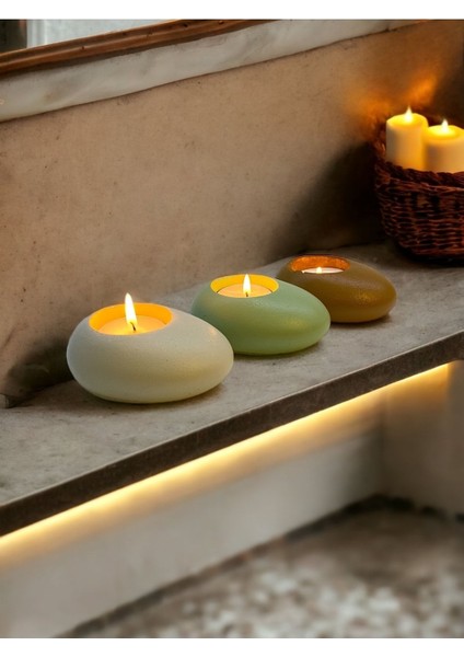 Three Drops Minimal Dekoratif Beton Tealight Mumluk 3'lü Set [ Alaçatı-Mint Yeşil-Karamel ]