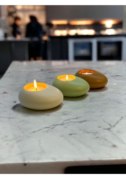 Three Drops Minimal Dekoratif Beton Tealight Mumluk 3'lü Set [ Alaçatı-Mint Yeşil-Karamel ]