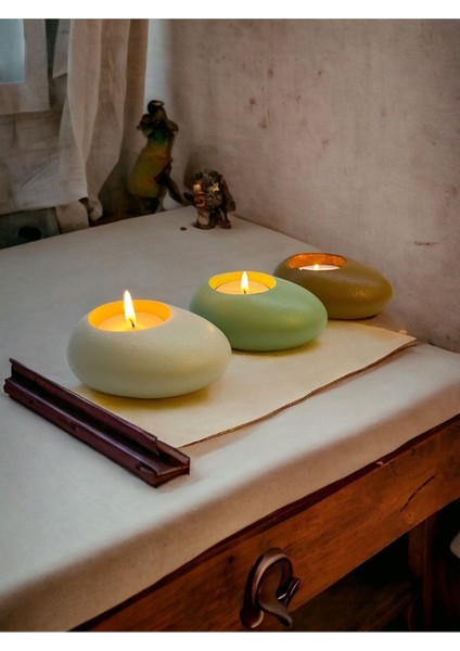 Three Drops Minimal Dekoratif Beton Tealight Mumluk 3'lü Set [ Alaçatı-Mint Yeşil-Karamel ]