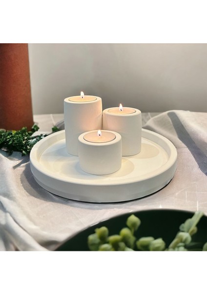 Beton Tepsili 3lü Beton Mumluk Seti ( 3 Adet Tealight Dahildir)