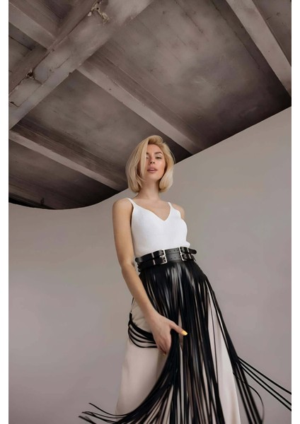 Püsküllü Deri Etek, Bel Üzeri Şık Püsküllü Deri Etek - BRF1090 fırsatları