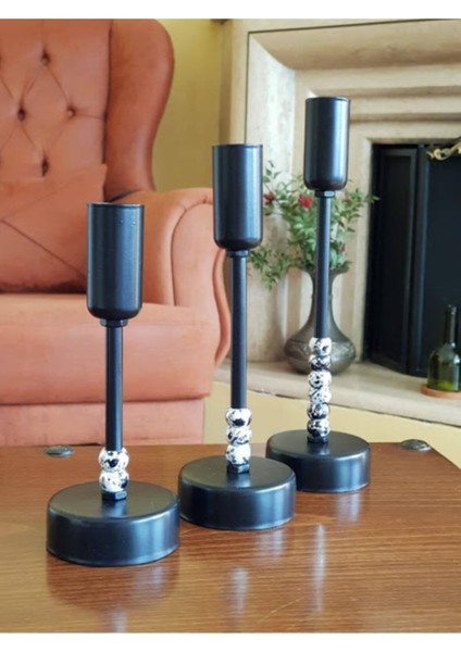 Üçlü Sıralı Siyah Metal Mumluk Megalit